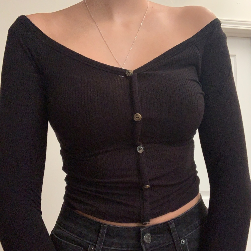 Off the Shoulder Black Button Top